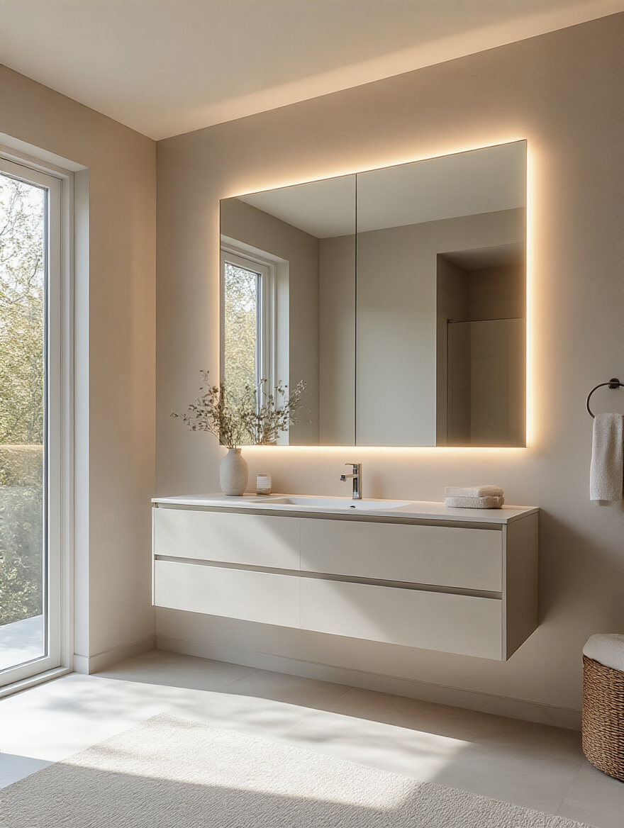 Modern bathroom with an oversized frameless mirror reflecting natural light, enhancing brightness and spaciousness