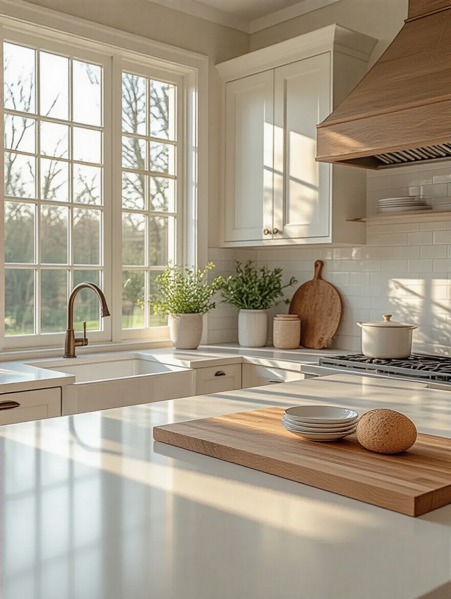 Close-up portrait photo of a kitchen island countertop highlighting a smooth rounded edge profile in a bright modern kitchen