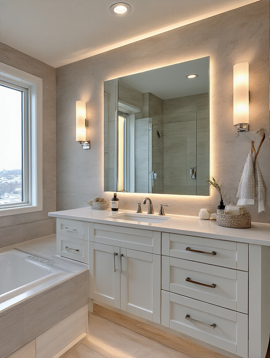 Modern bathroom showcasing layered ambient and task lighting with sconces and recessed LEDs