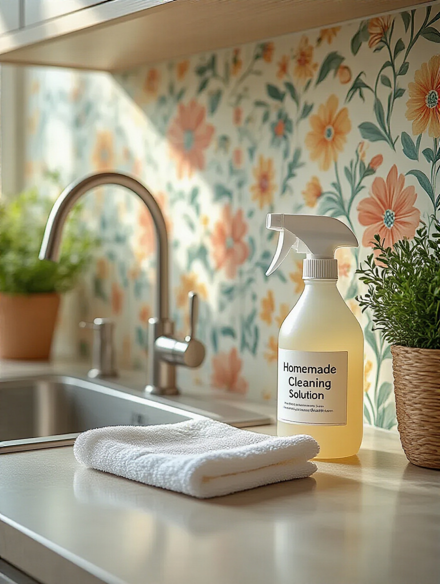 A clean kitchen countertop with homemade cleaning solutions and vibrant wallpaper in the background