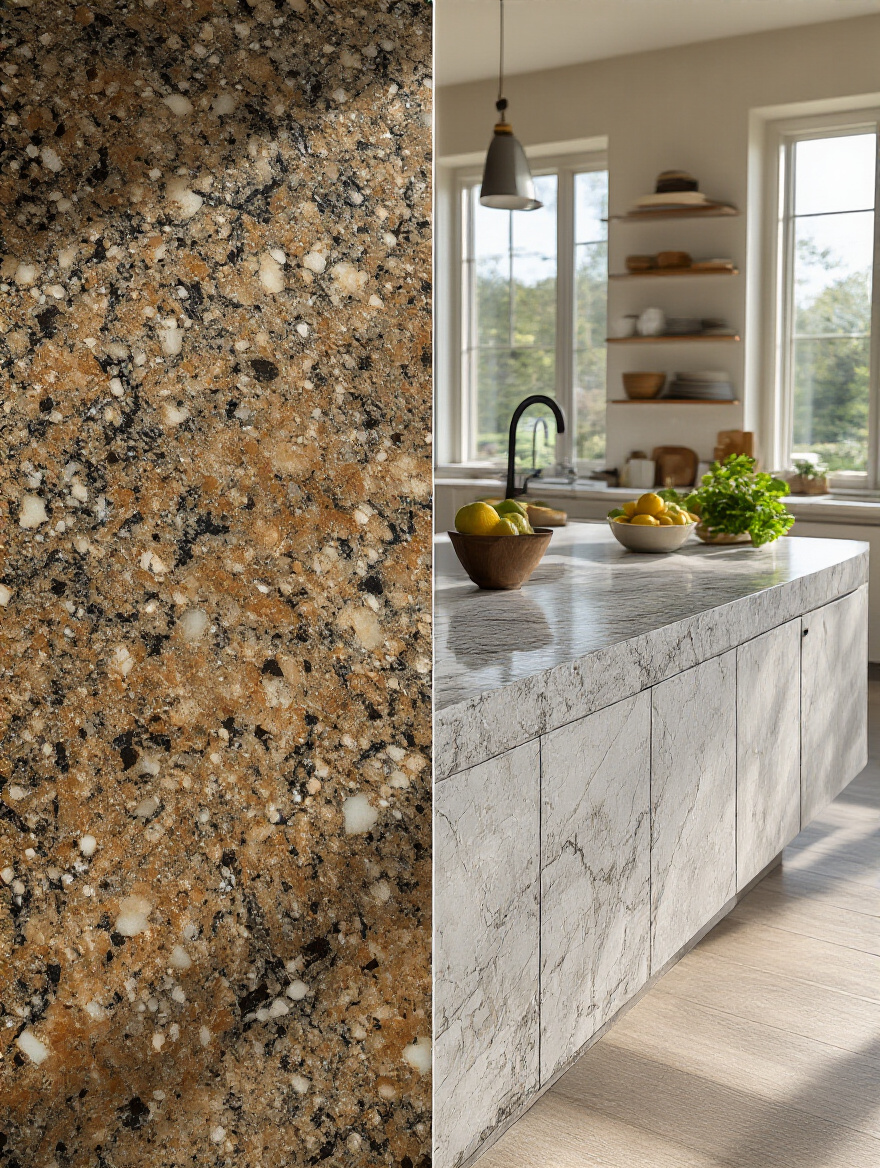 Side-by-side portrait view of granite and quartz kitchen island countertops showcasing their unique patterns and finishes in a modern kitchen setting