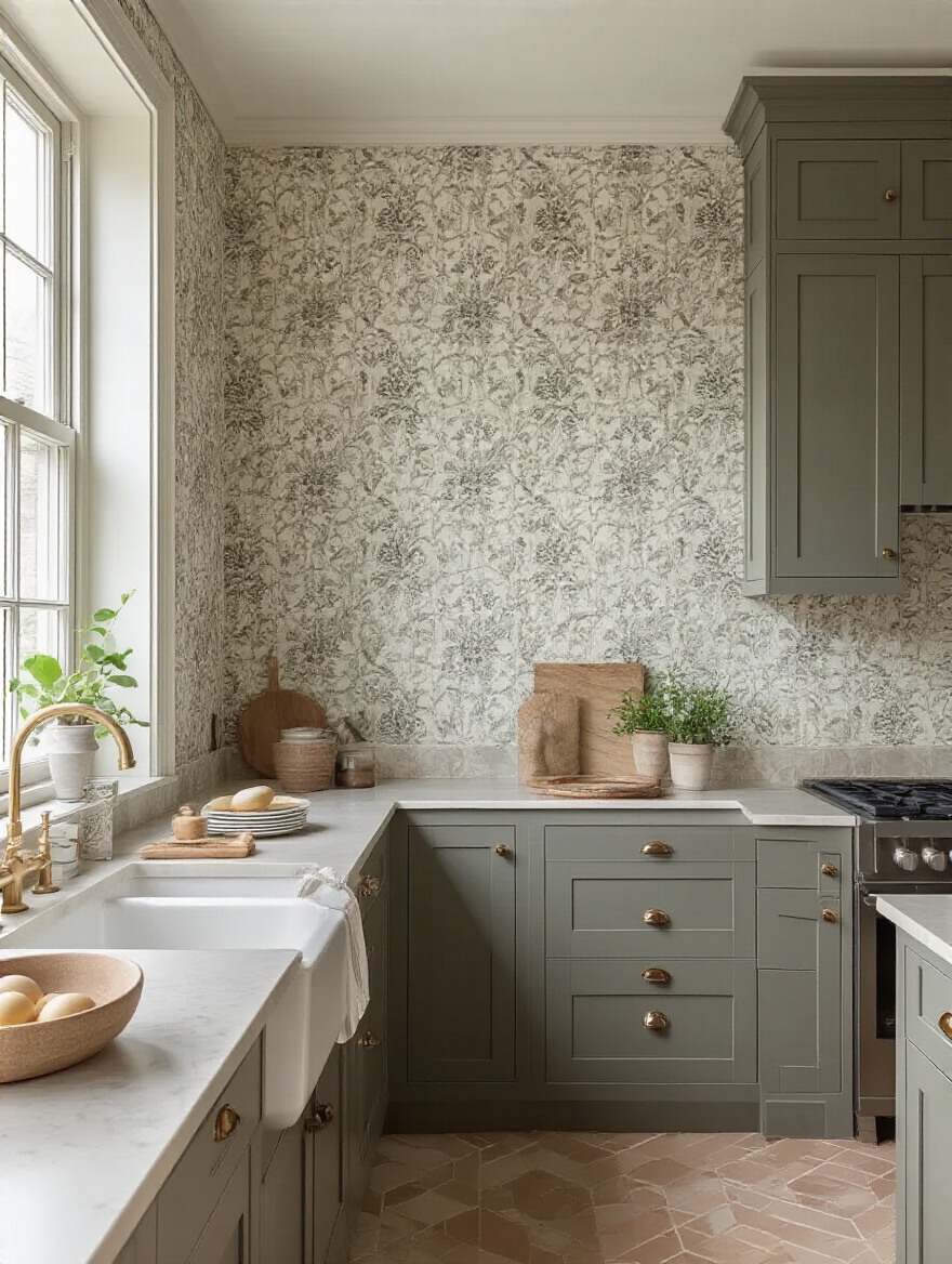A stylish kitchen showcasing textured wallpaper that conceals wall imperfections.