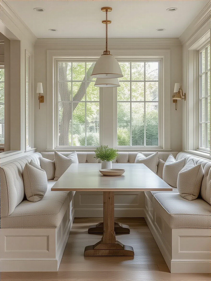 Modern dining room with built-in banquette seating and a contemporary dining table, showcasing space optimization and comfort.