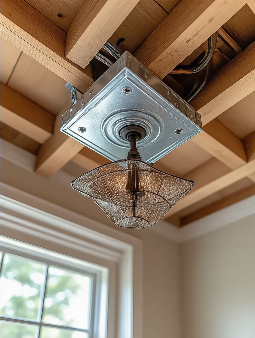 Close-up of heavy-duty electrical box installed between ceiling joists for supporting a heavy chandelier