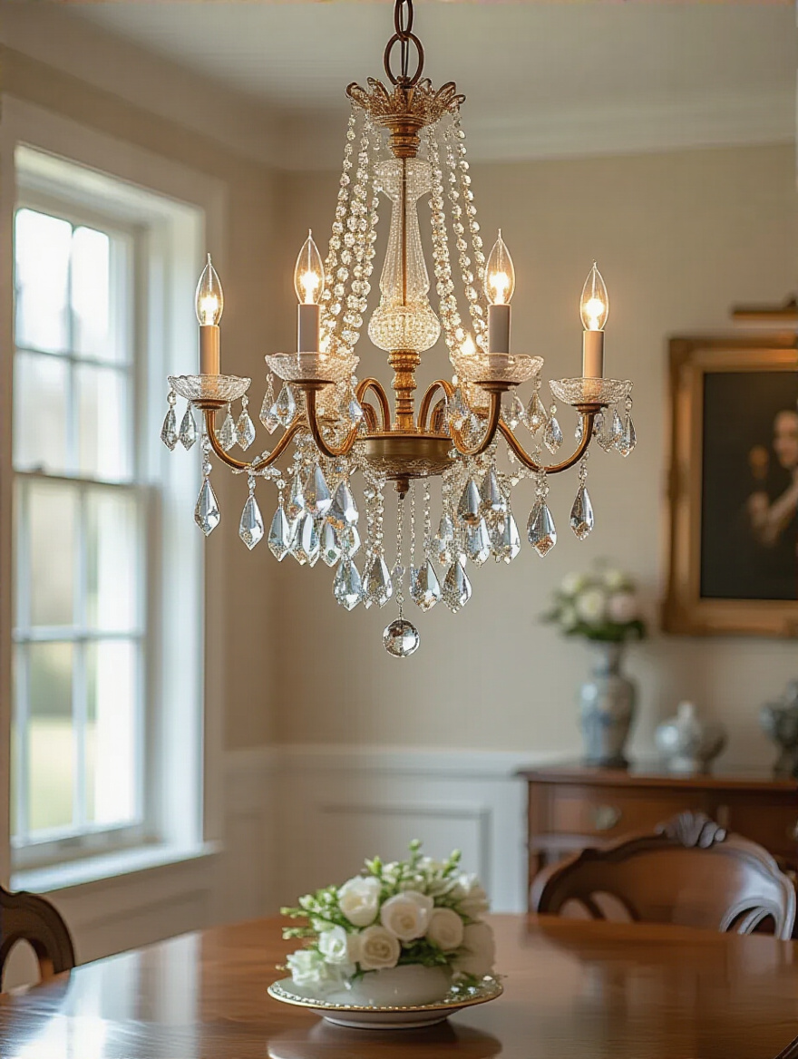Elegant multi-tiered crystal dining room chandelier with brass accents illuminating a classic dining table in soft natural light