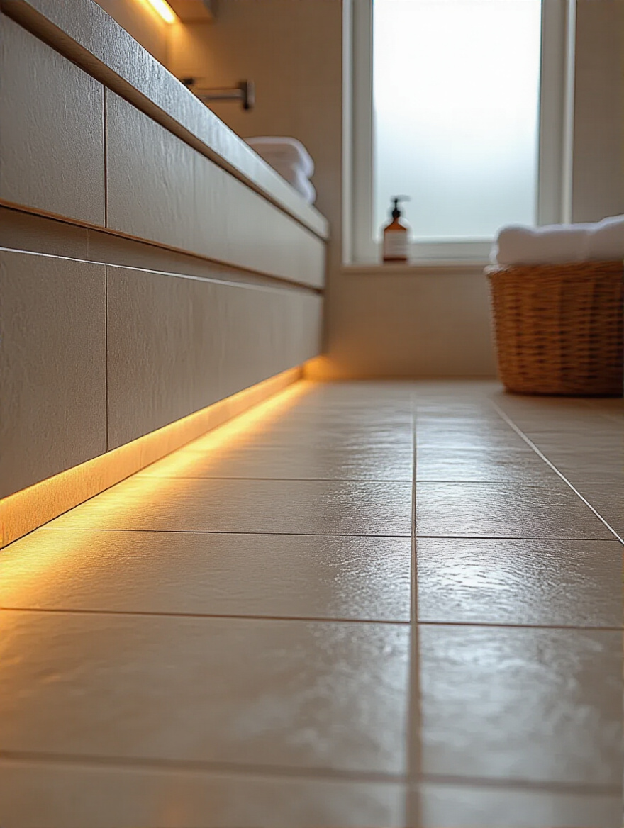 Close-up of modern bathroom ceramic tiled floor with warm lighting illustrating underfloor heating system comfort