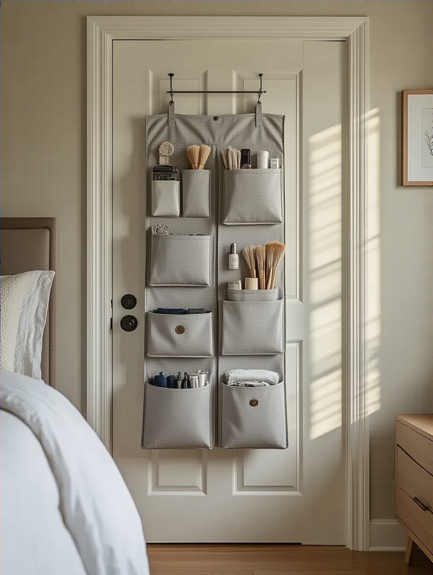 Back of a bedroom door with a multi-pocket hanging organizer neatly storing accessories and small items in a small bedroom