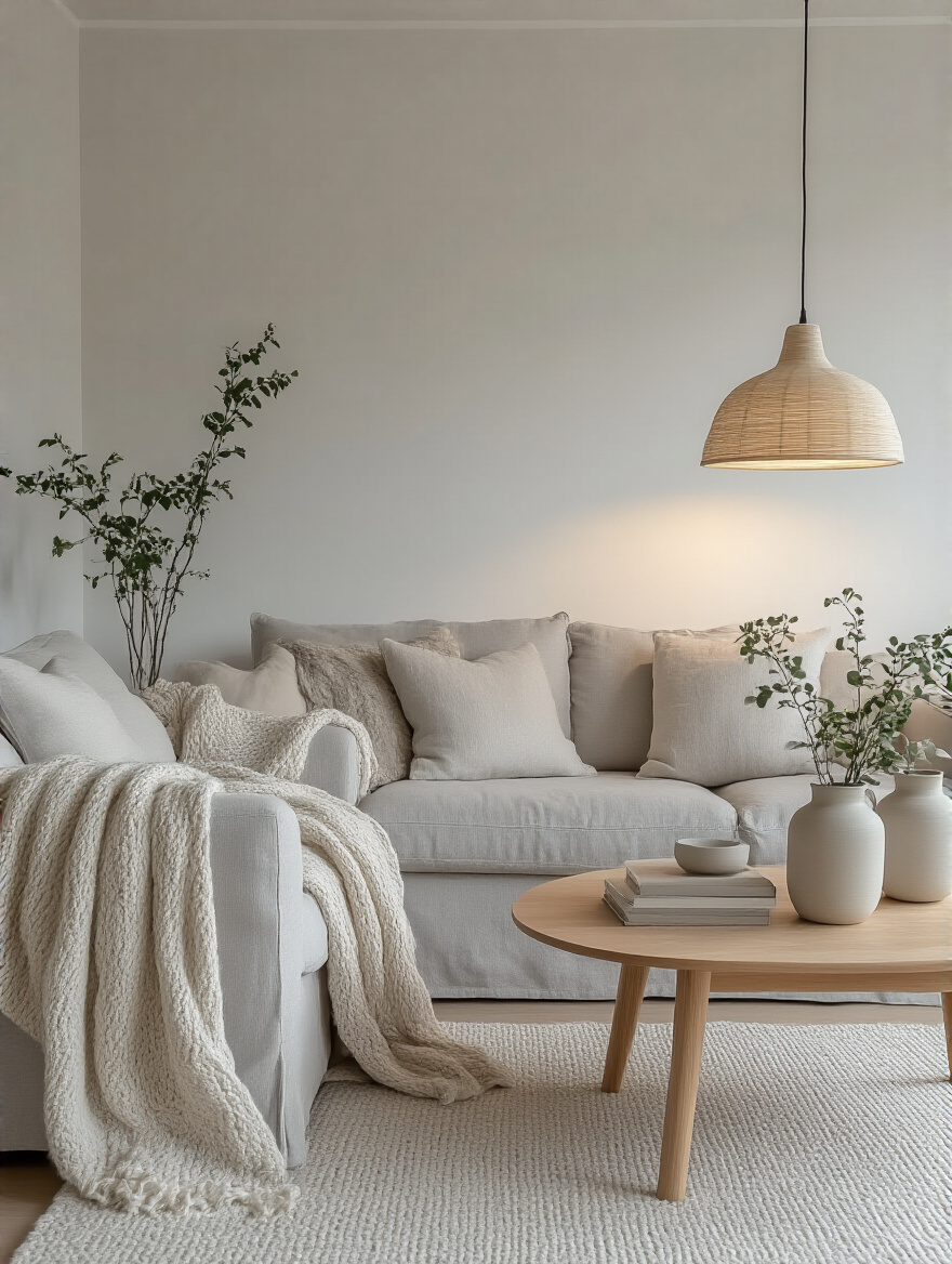 Cozy Scandinavian style living room with light grey furniture and warm lighting