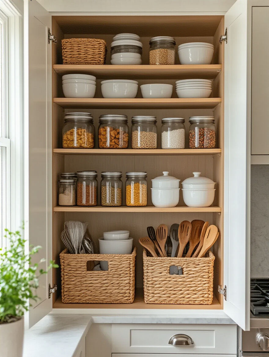 Organized kitchen cabinet showing categorized items for efficient storage.