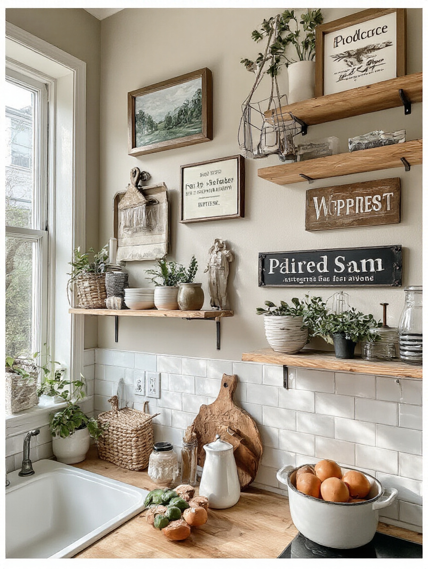 Stylish kitchen wall decor featuring framed art and shelves