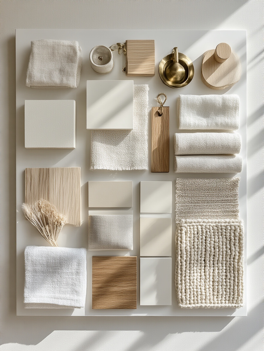 Curated white decor mood board with paint swatches, fabric samples, wood and metallic accents for a white bedroom