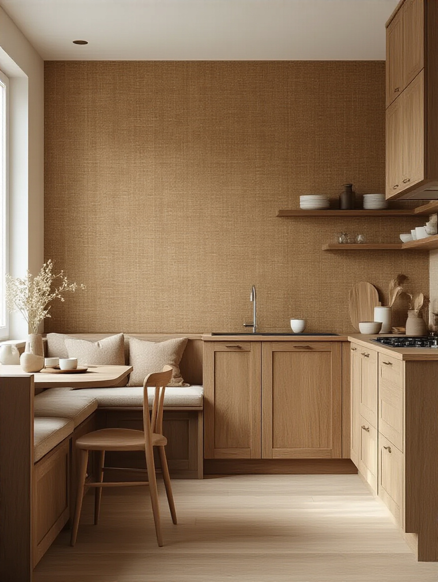 Cozy brown kitchen with a textured brown wallpaper feature wall and natural wood cabinetry