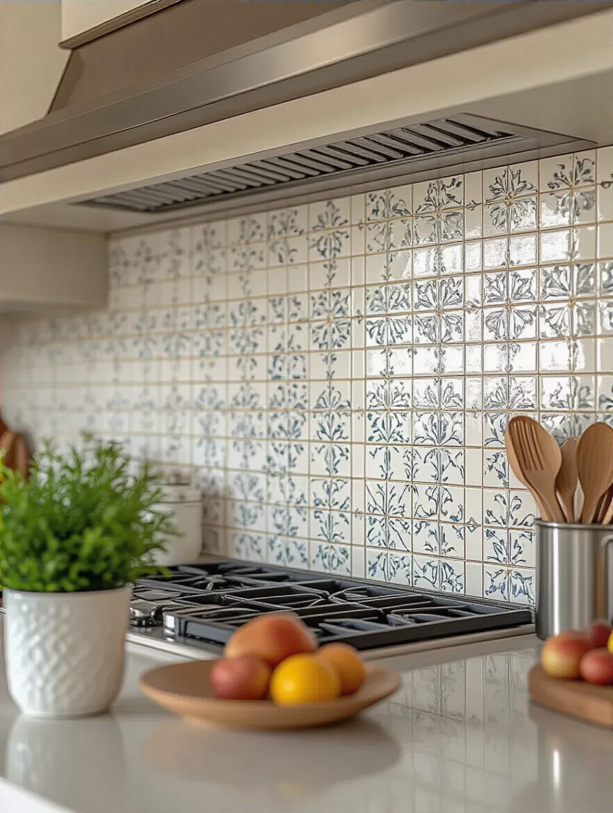 Faux tiled backsplash in a kitchen made with peel-and-stick wallpaper sheets.