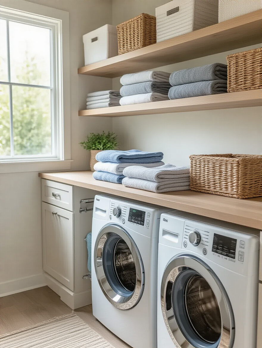Modern laundry room with a folding station and built-in countertop