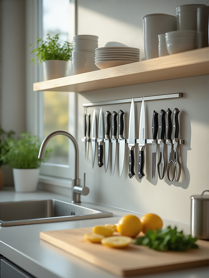 A magnetic knife strip mounted on a kitchen wall displaying various knives and shears.