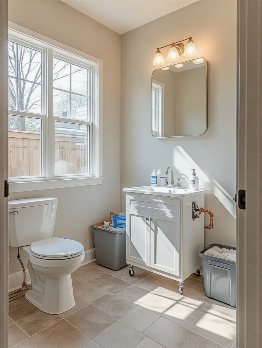 Temporary bathroom setup with portable toilet and utility sink in a laundry room during renovations