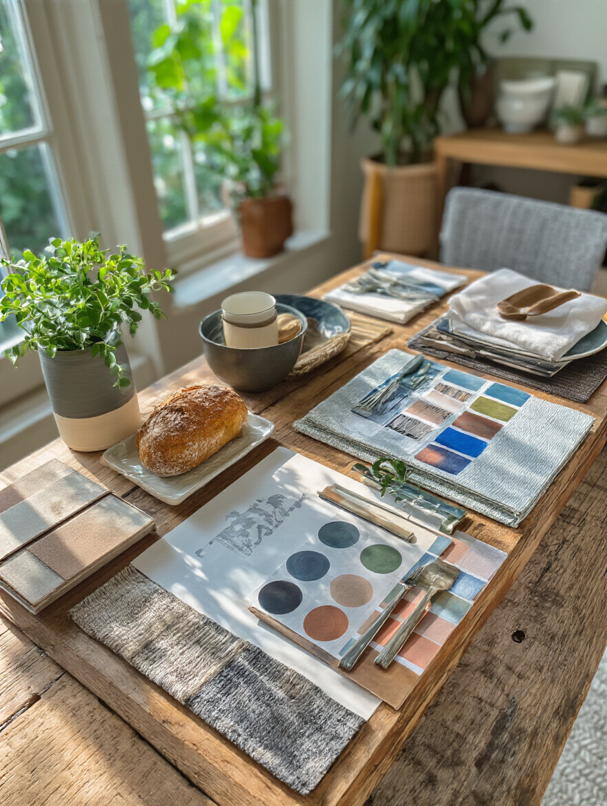 Mood board showcasing various dining room design elements, textures, and color swatches on a wooden table.