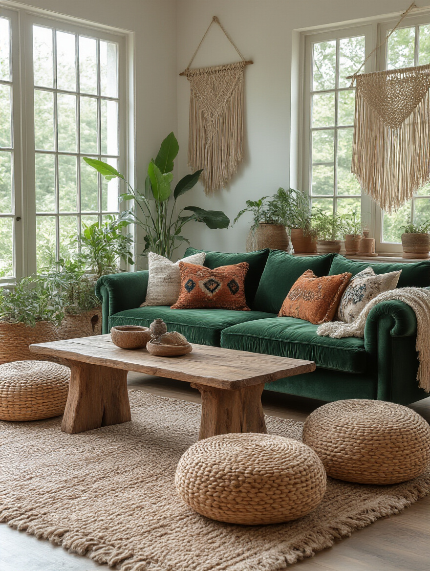 A stylish living room featuring bohemian furniture including a velvet sofa, vintage coffee table, and decorative plants.