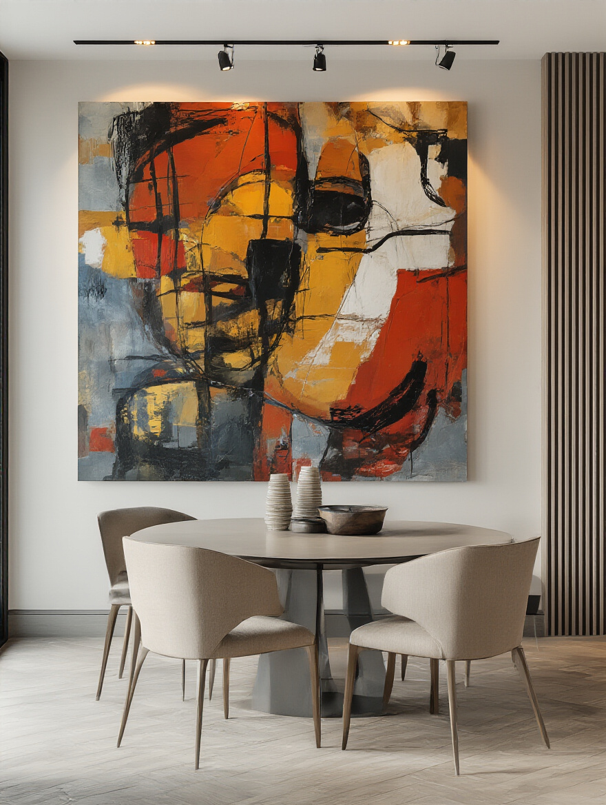 Modern dining room with large bold abstract art on wall, minimalist furniture, and warm layered lighting