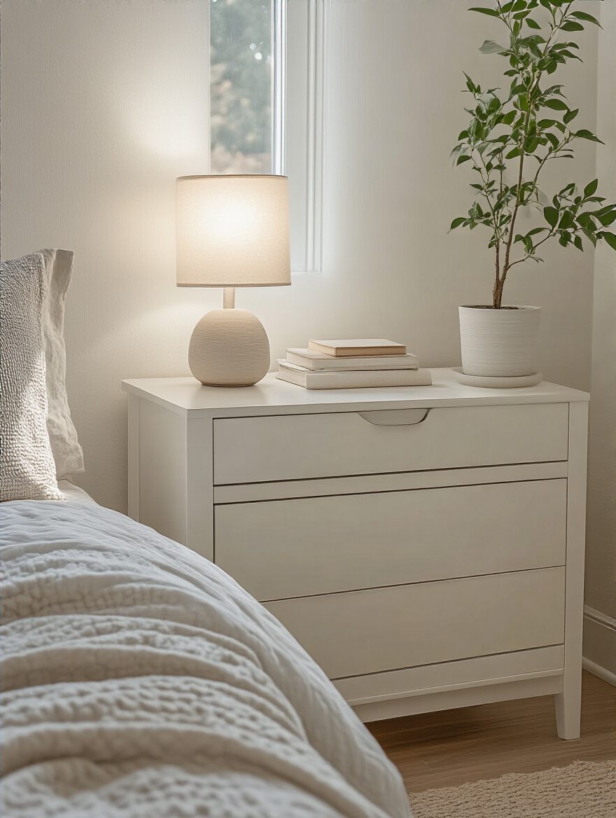 Minimalistic small bedroom dresser and nightstand with curated, decluttered surfaces and natural lighting