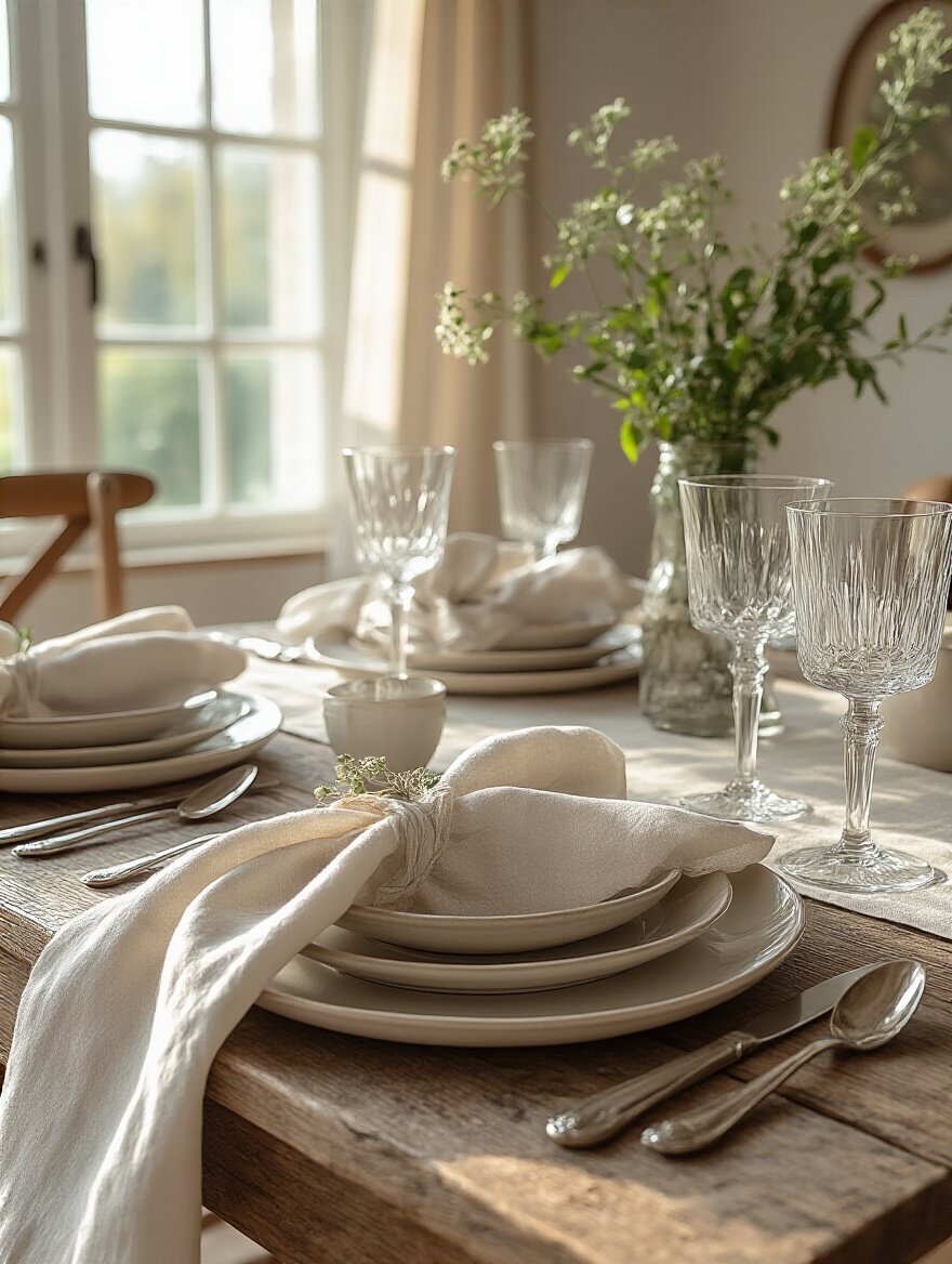 Elegant dining table set with curated dinnerware and linens