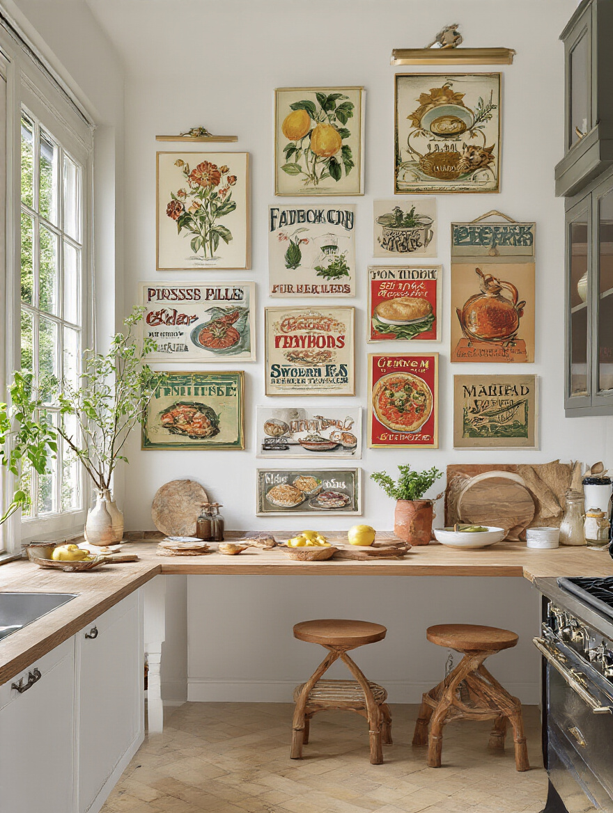 Kitchen gallery wall featuring various kitchen-specific prints in a well-lit, inviting kitchen setting.