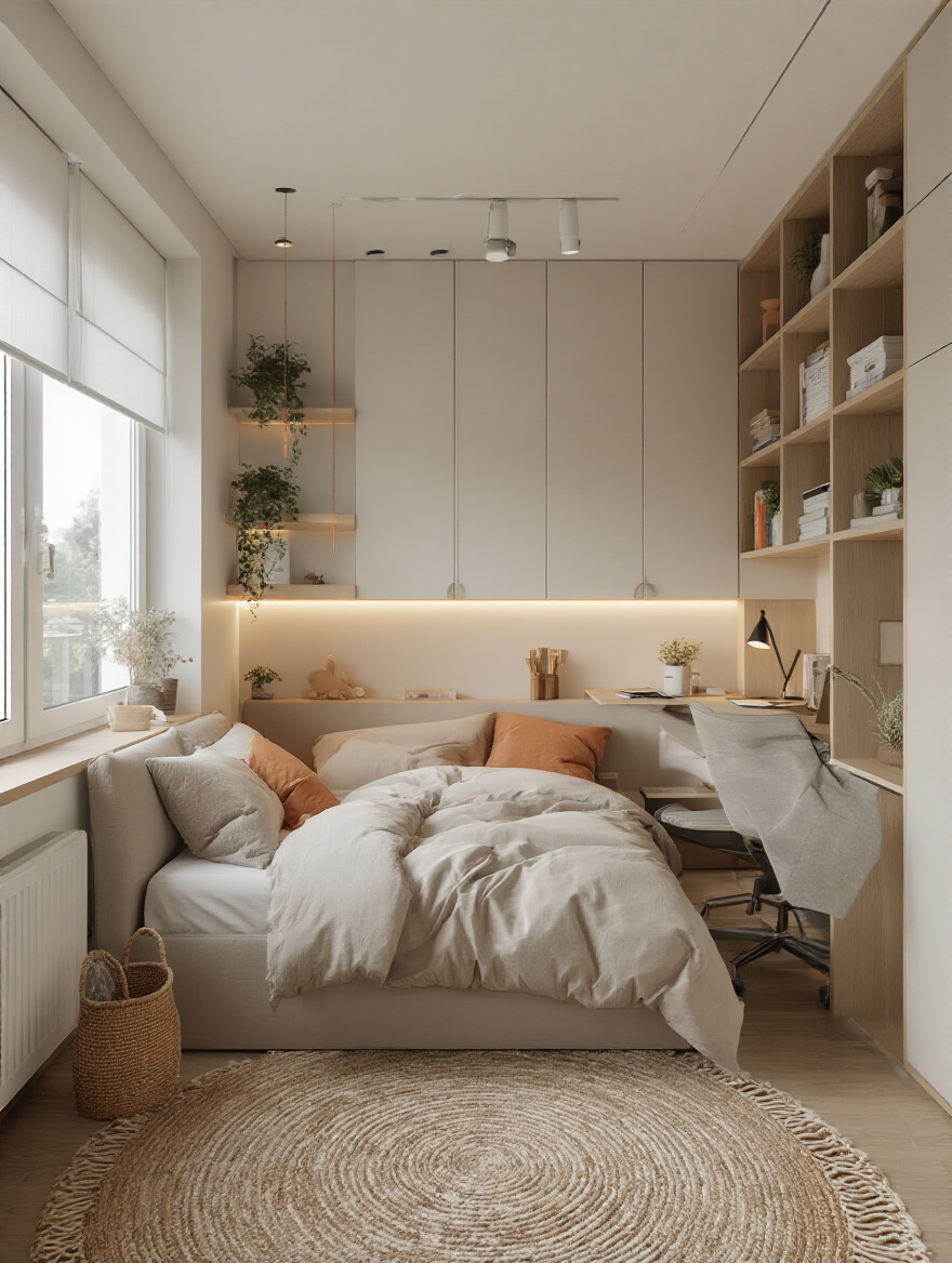 Small bedroom with clearly defined sleep and work zones using furniture and lighting