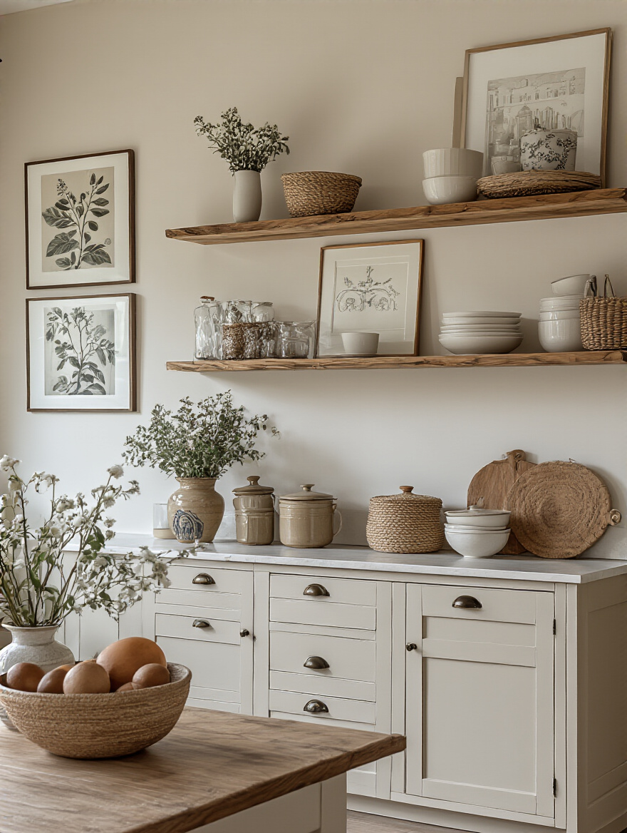 Stylish kitchen wall showcasing a mix of decor and storage solutions.