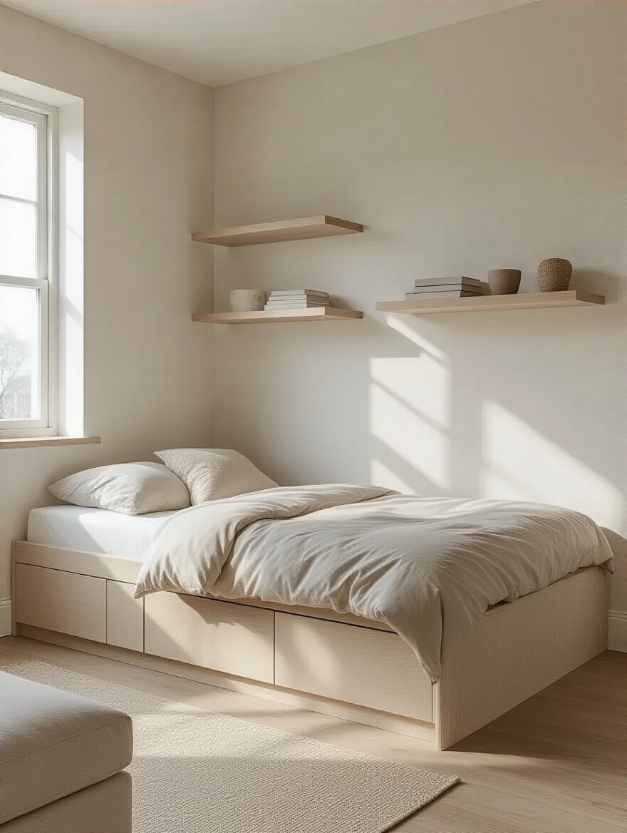 Minimal small bedroom with queen storage bed and wall-mounted shelves showcasing prioritized essential furniture only