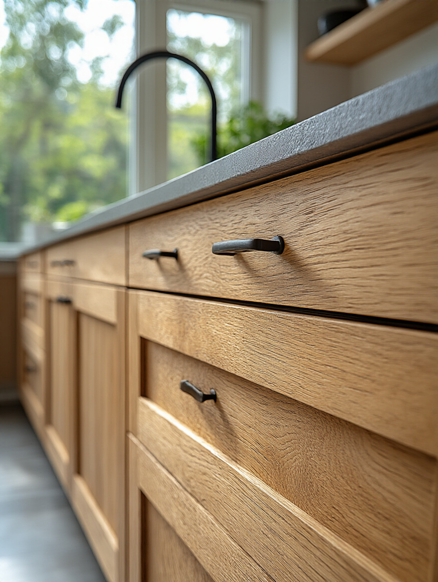 Close-up portrait of an organic kitchen cabinet made from FSC-certified wood with natural finish in a modern kitchen setting