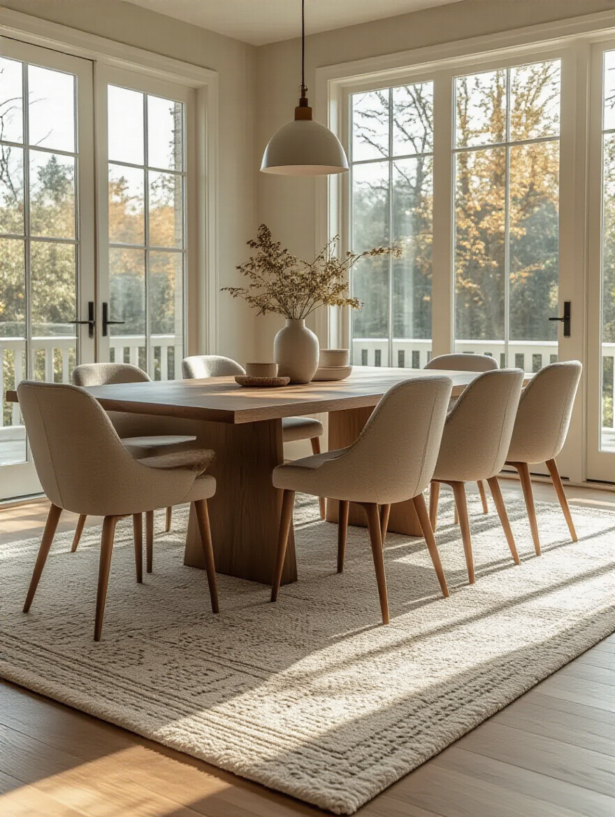 Stylish dining room with a large area rug defining the space