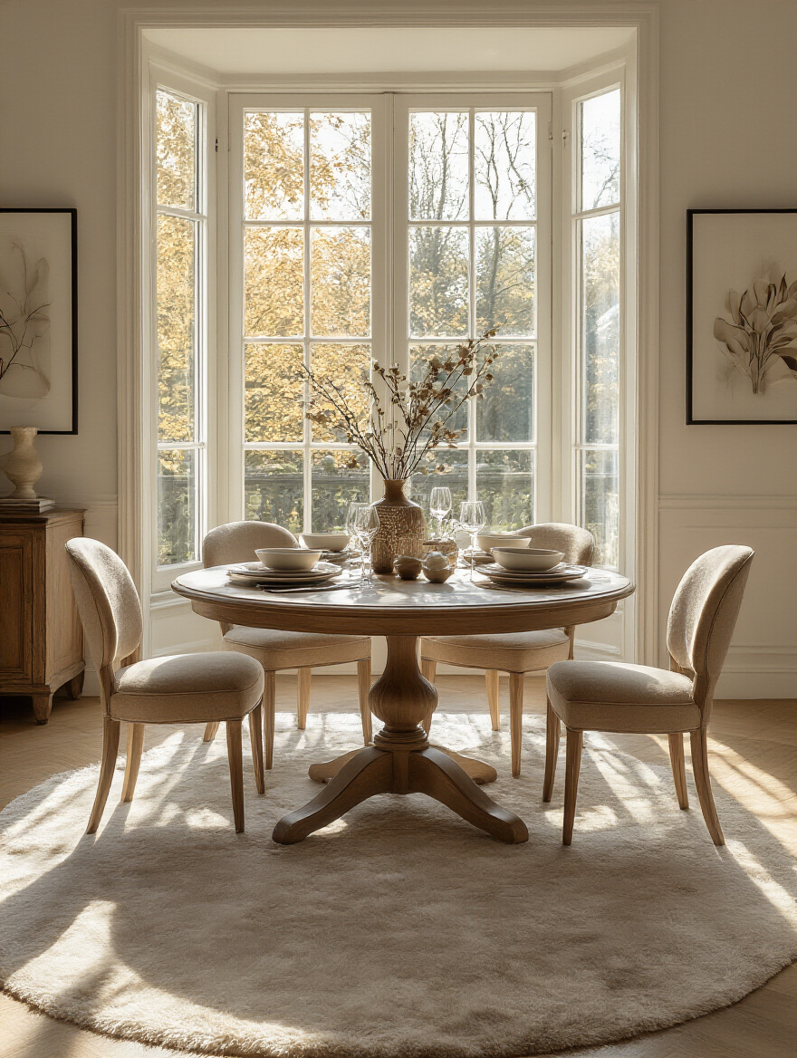 A well-decorated dining room with a round table and warm natural lighting.
