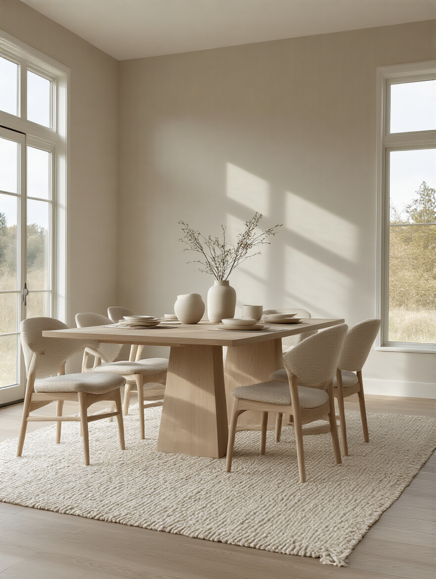Modern dining room interior with layered neutral tones, minimalist furniture, and natural lighting