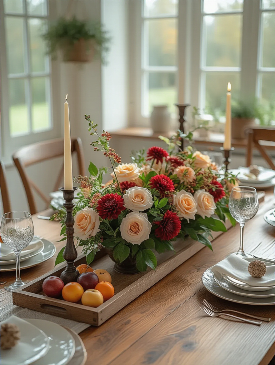 Elegant dining table with a captivating centerpiece featuring seasonal elements and varying heights.