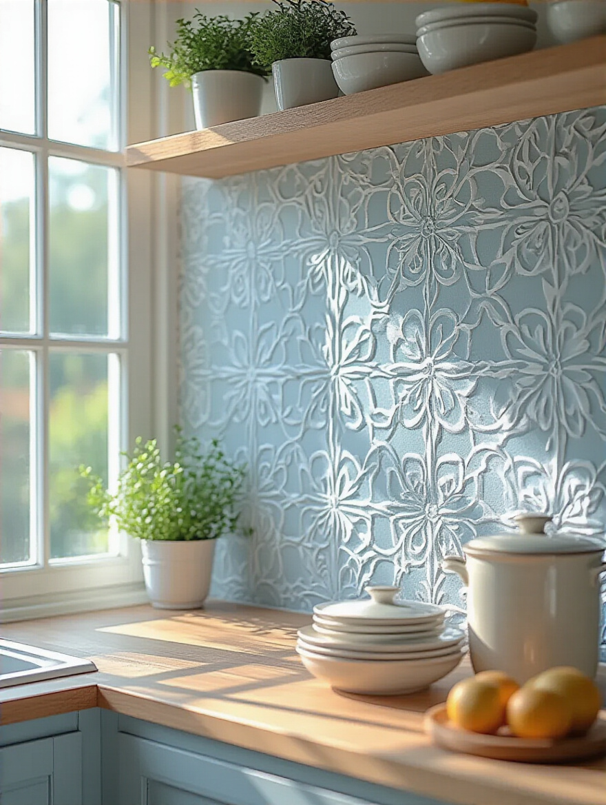 Custom DIY stenciled pattern on a kitchen accent wall
