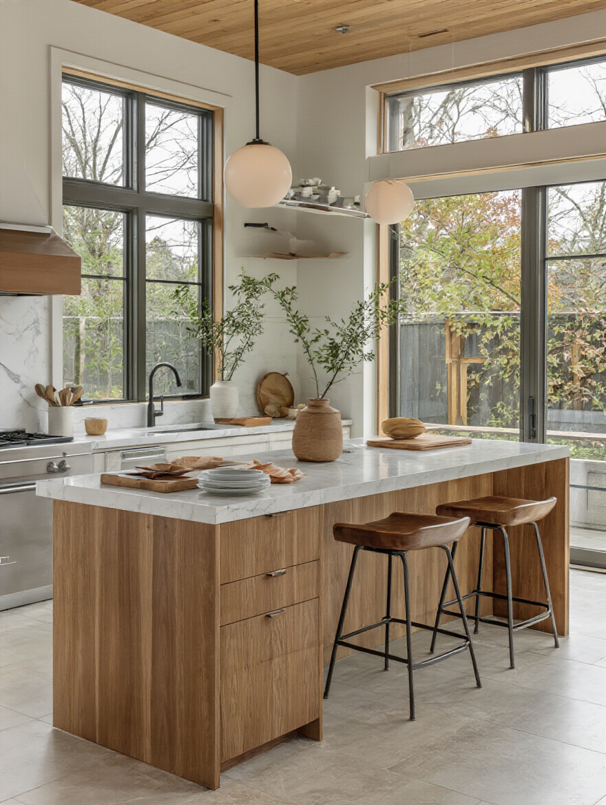 Modern kitchen with a multi-level two-tier island countertop featuring distinct prep and dining areas