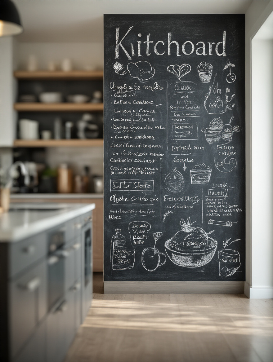 Modern kitchen with a large chalkboard wall filled with notes and menus