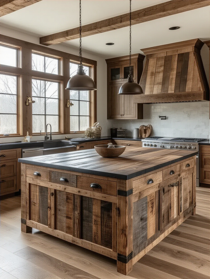 Kitchen island made from reclaimed barn wood showcasing rich brown tones and rustic textures in a warm brown kitchen