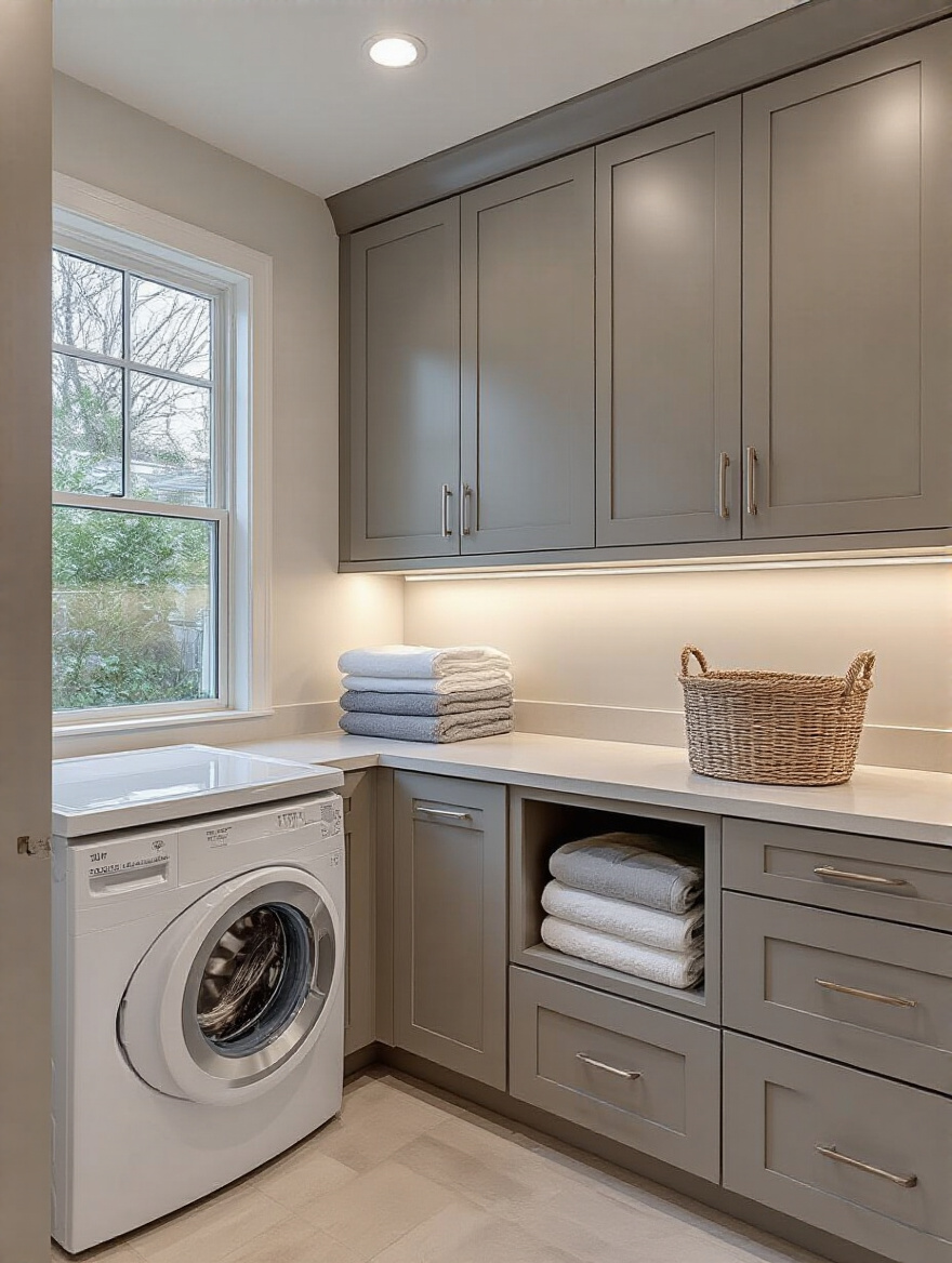 Modern laundry room showcasing ergonomic workflow with accessible counter heights