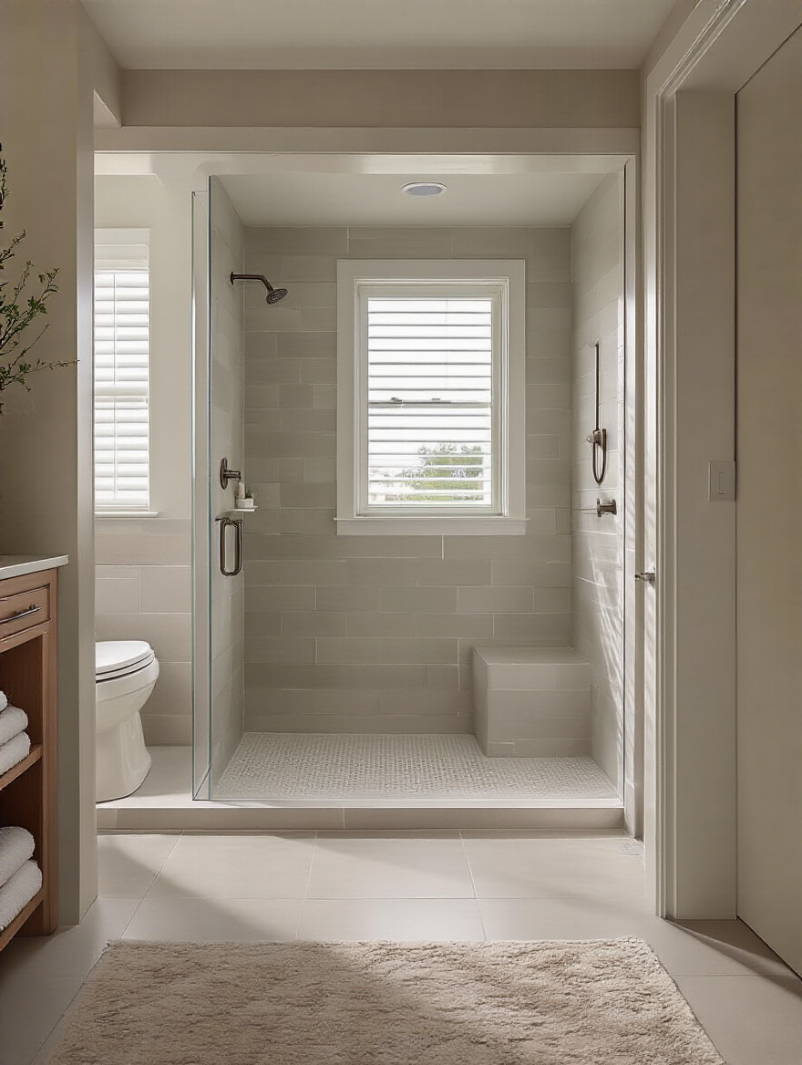 Modern bathroom with ergonomic layout featuring curbless shower and wide doorways for future accessibility