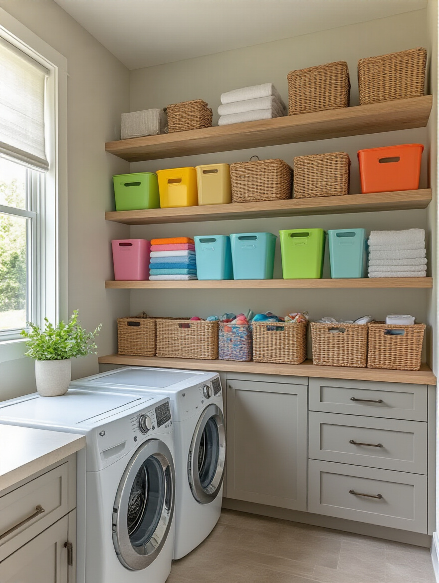 A modern laundry room with open shelving displaying organized laundry supplies.