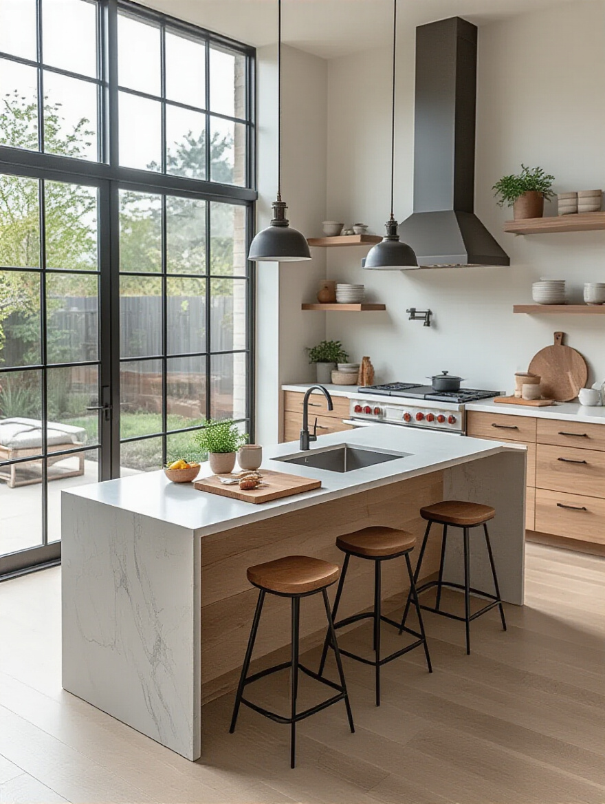 Modern kitchen island with prep area, dining seating, and integrated sink in a bright spacious kitchen