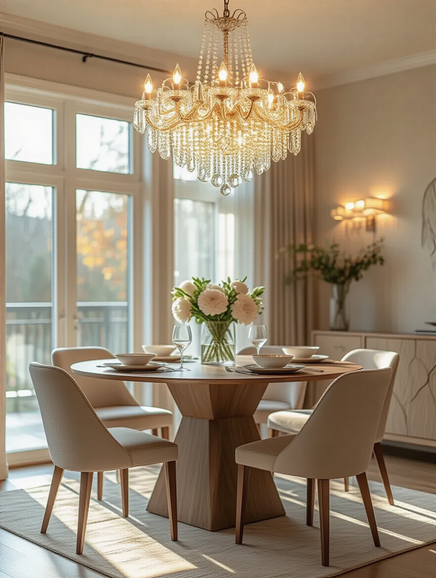 Well-lit modern dining room with a chandelier providing ample lumens for optimal dining illumination