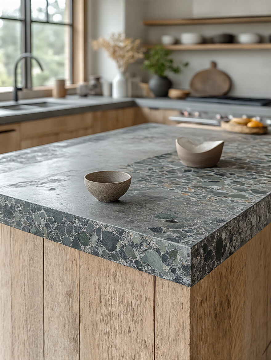 Modern kitchen island countertop featuring concrete with embedded recycled glass and a dark veined soapstone surface under soft natural lighting
