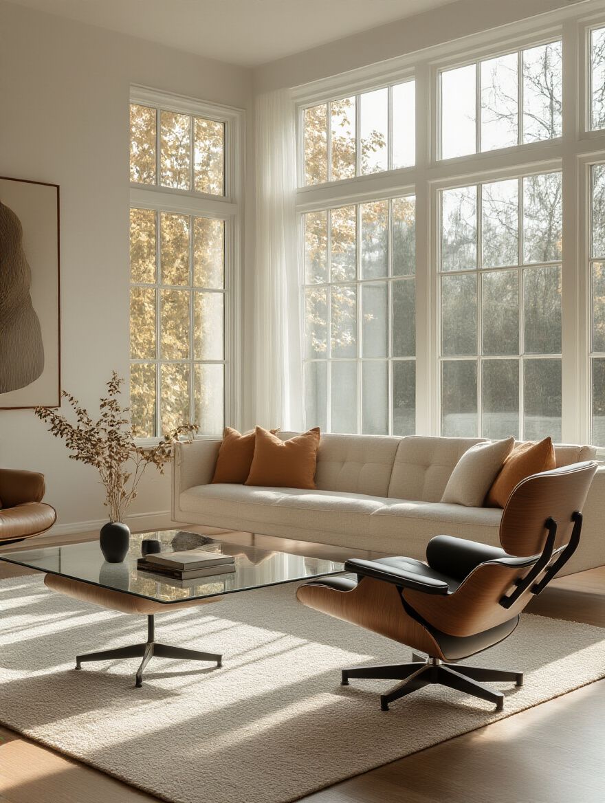 Modern and Mid-Century Modern living room with clean lines and elegant furniture.