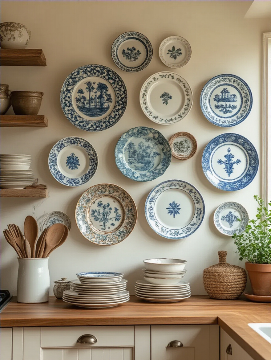 A display of unique decorative plates and heirloom platters on a kitchen wall, showcasing diverse colors and designs.