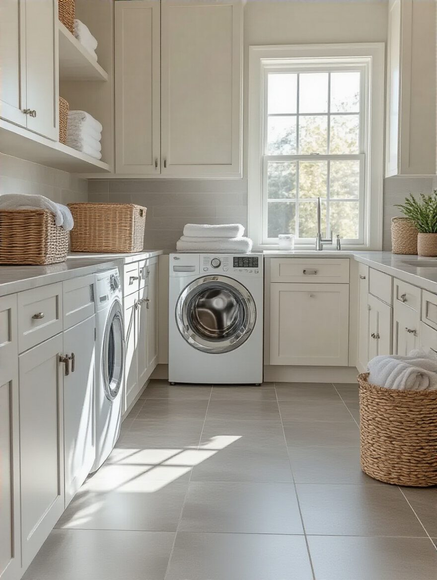 Laundry room featuring durable and easy-to-clean flooring options with modern appliances and decor.