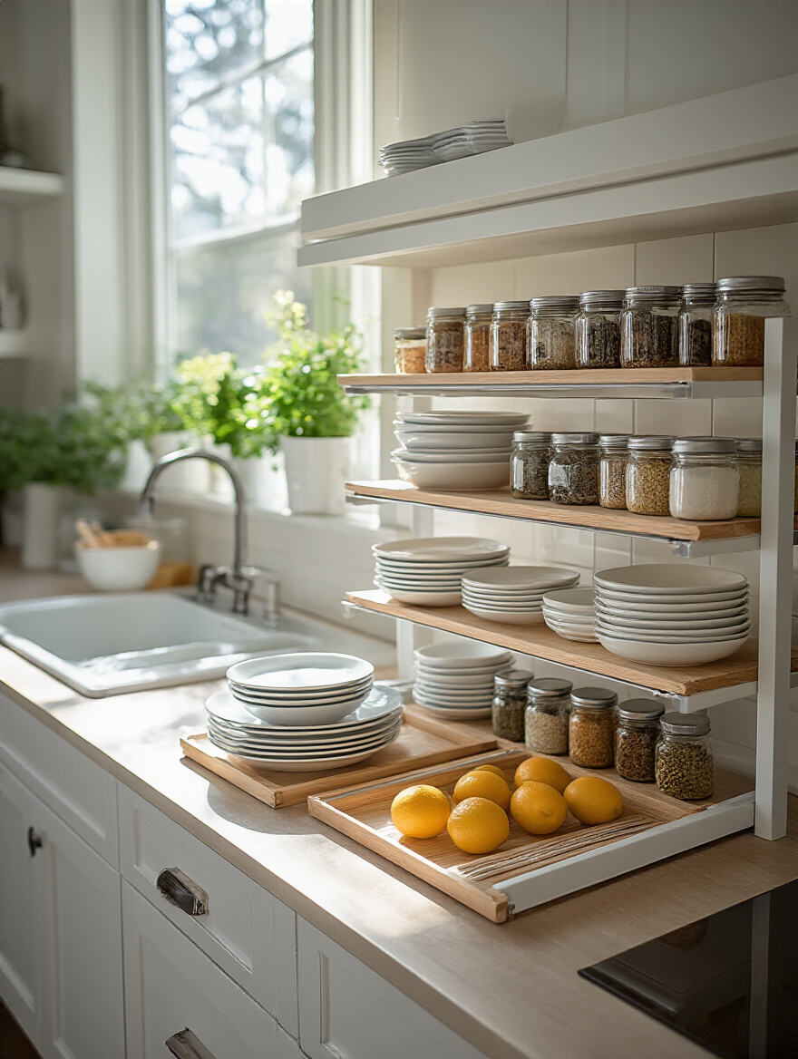 A well-organized kitchen cabinet with expandable shelf risers creating multi-level storage for dishes and spices.