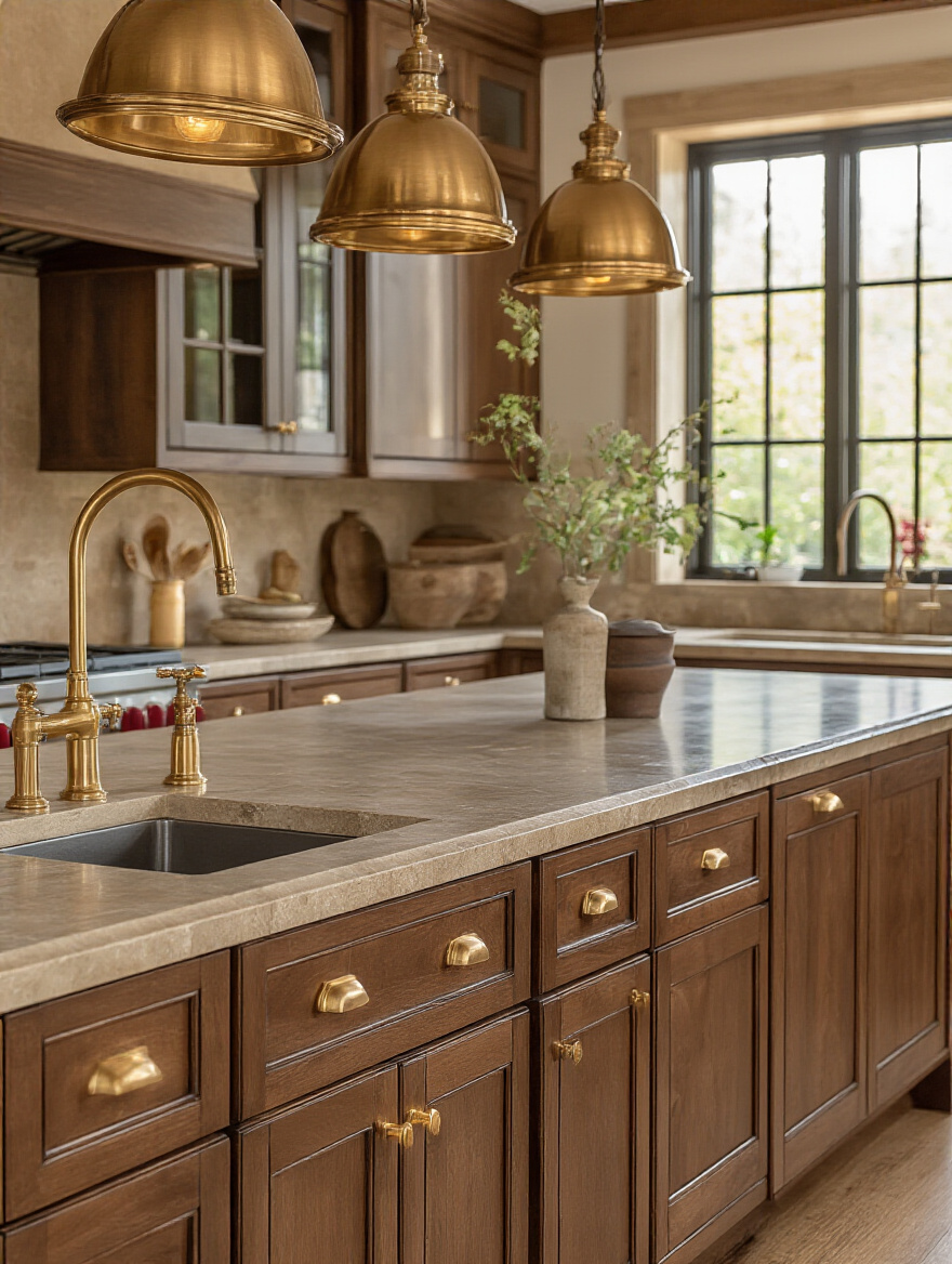 Close-up portrait photo of brown kitchen showcasing gold and bronze fixtures with warm lighting