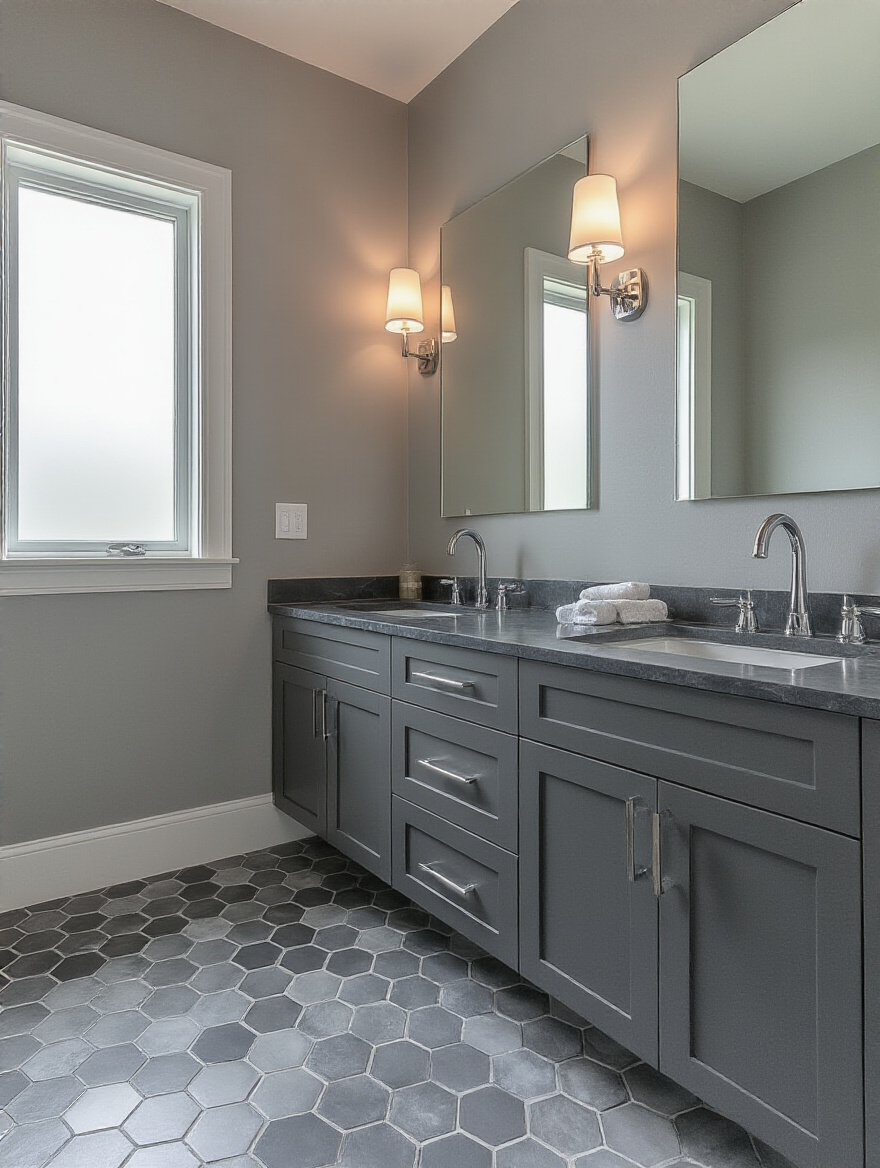 Modern bathroom interior with monochromatic grey color scheme showing layered textures and finishes for visual depth